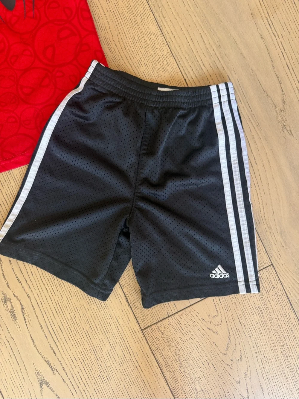 Disney Spiderman Shirt with Black Adidas classic striped Shorts